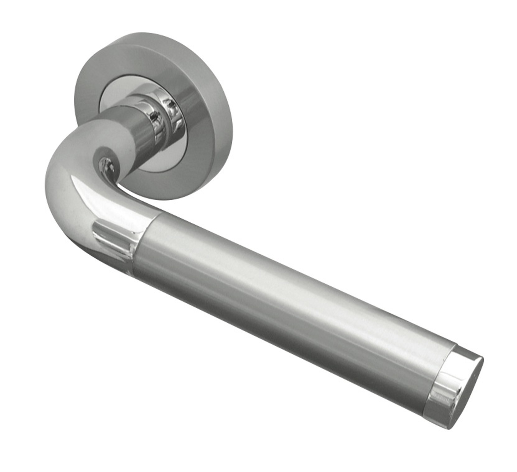 Twin Finish Designer Lever on Rose Jedo Door Handles in Polished Chrome & Satin Chrome- JV430PCSC