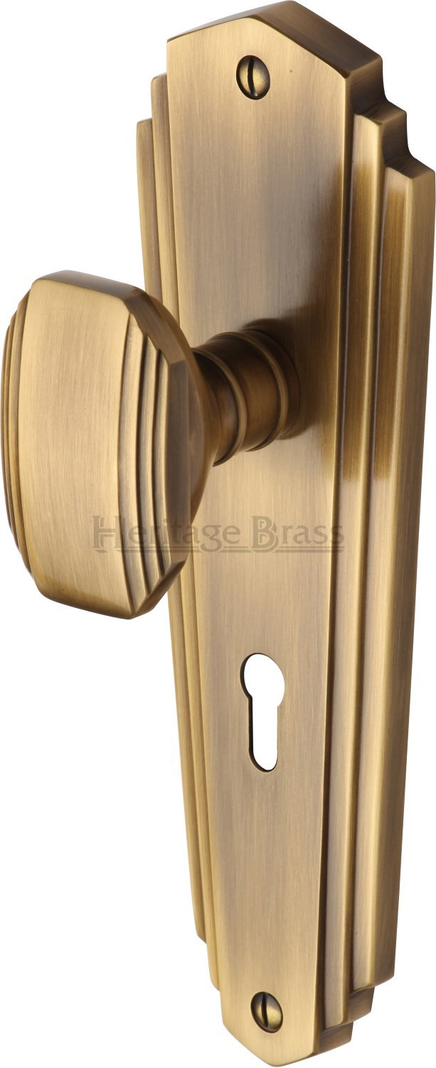 Heritage Brass Art Deco Charlston Sprung Mortice Knob Antique Brass