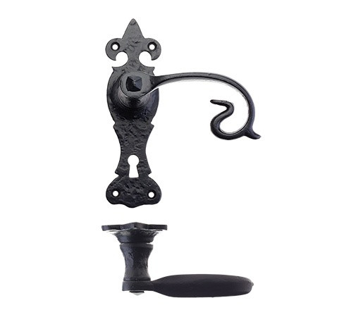 Foxcote Foundries Scroll  Fleur de Lys Door Handle - Black Antique lockSet FF311