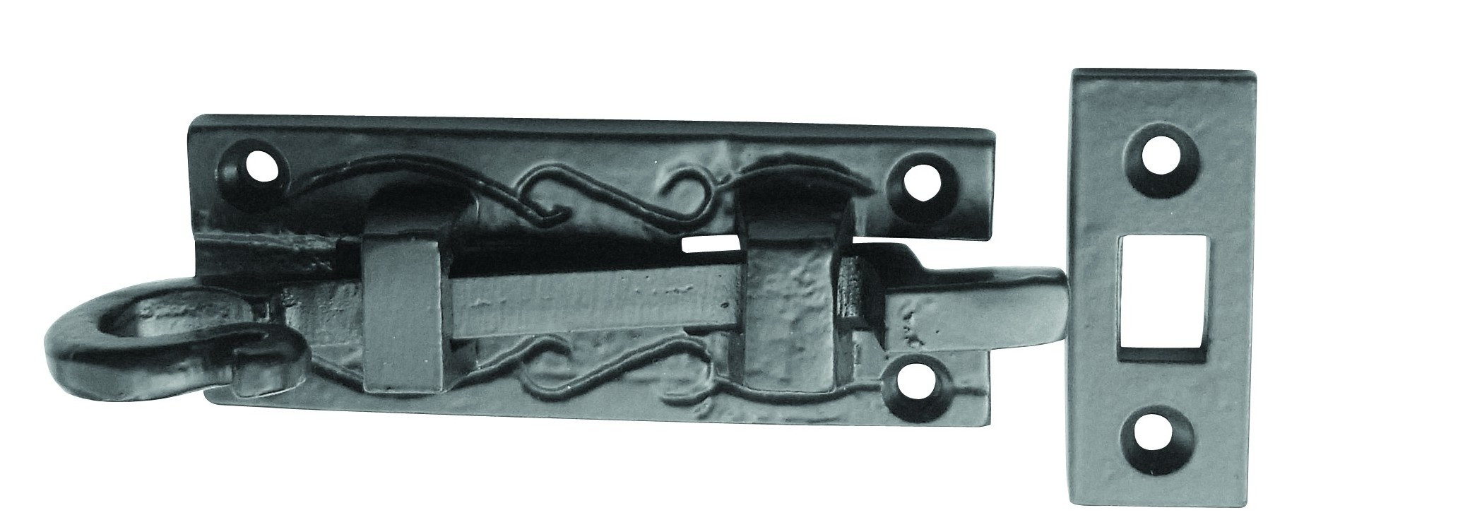 JAB24 - Curly Necked Door Bolt 100mm - Black Antique