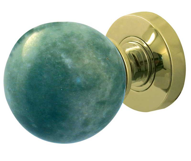 JH5212-PB Jade Green Marble Sprung Mortice Knobs Jedo Polished Brass