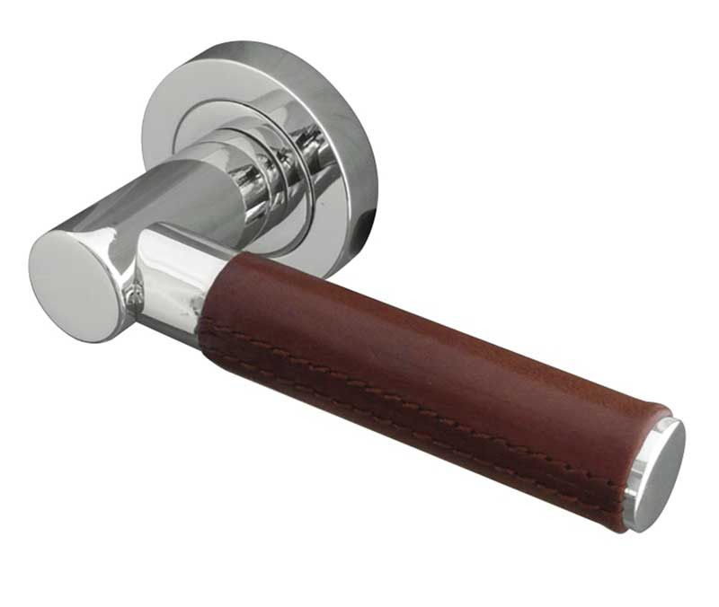 Ascot Paja Brown Leather Designer Lever on Rose Door Handle - Polished Chrome & Satin Chrome-JV4006