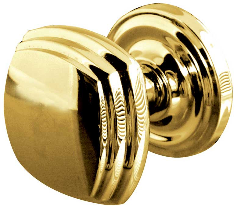 JV64-PB Art Deco Unsprung Mortice Door Knobs on Round Rose, Jedo Polished Brass